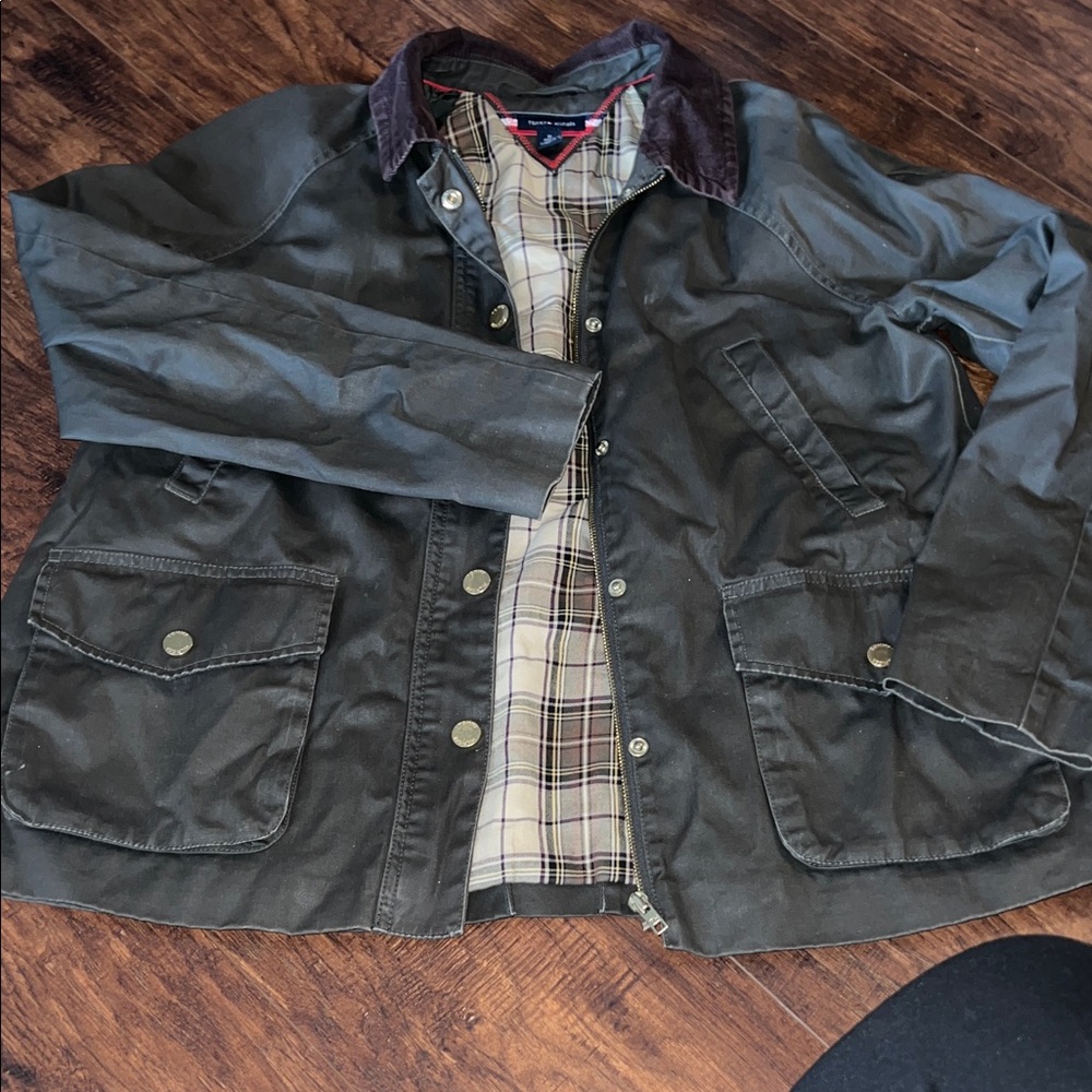 Tommy Hilfiger Dark Green Waxed Barn Coat with Plaid Lining